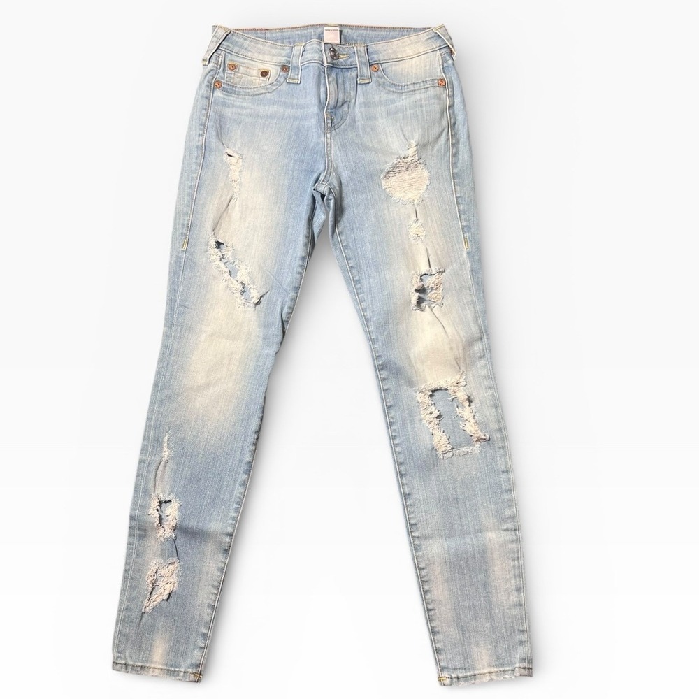 True Religion Super Skinny Jeans Distressed Light Wash Size 29 Ripped Grunge